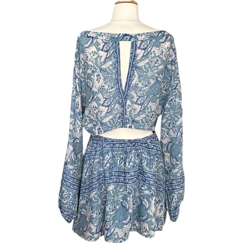 FREE PEOPLE Bohemian Mini Dress Silver Sun‎ Cutout Blue Washed Pockets, Medium